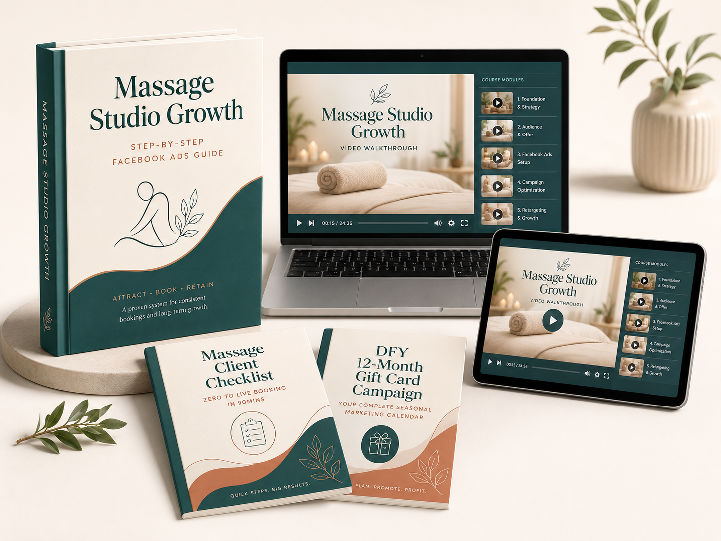 Massage Studio Growth bundle: ebook, video training, client checklist, and gift-card campaign calendar