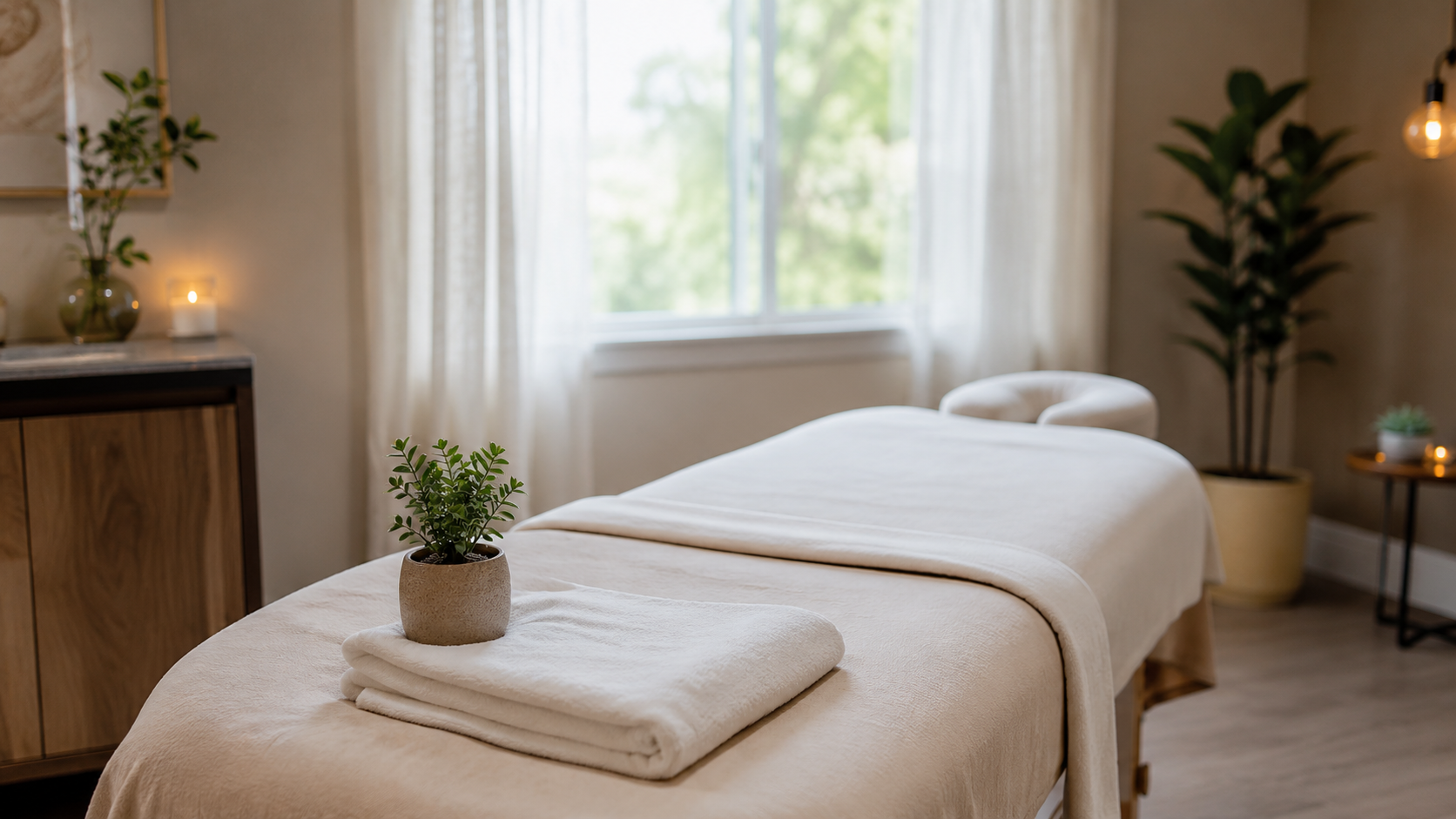 A calm, modern massage therapy room