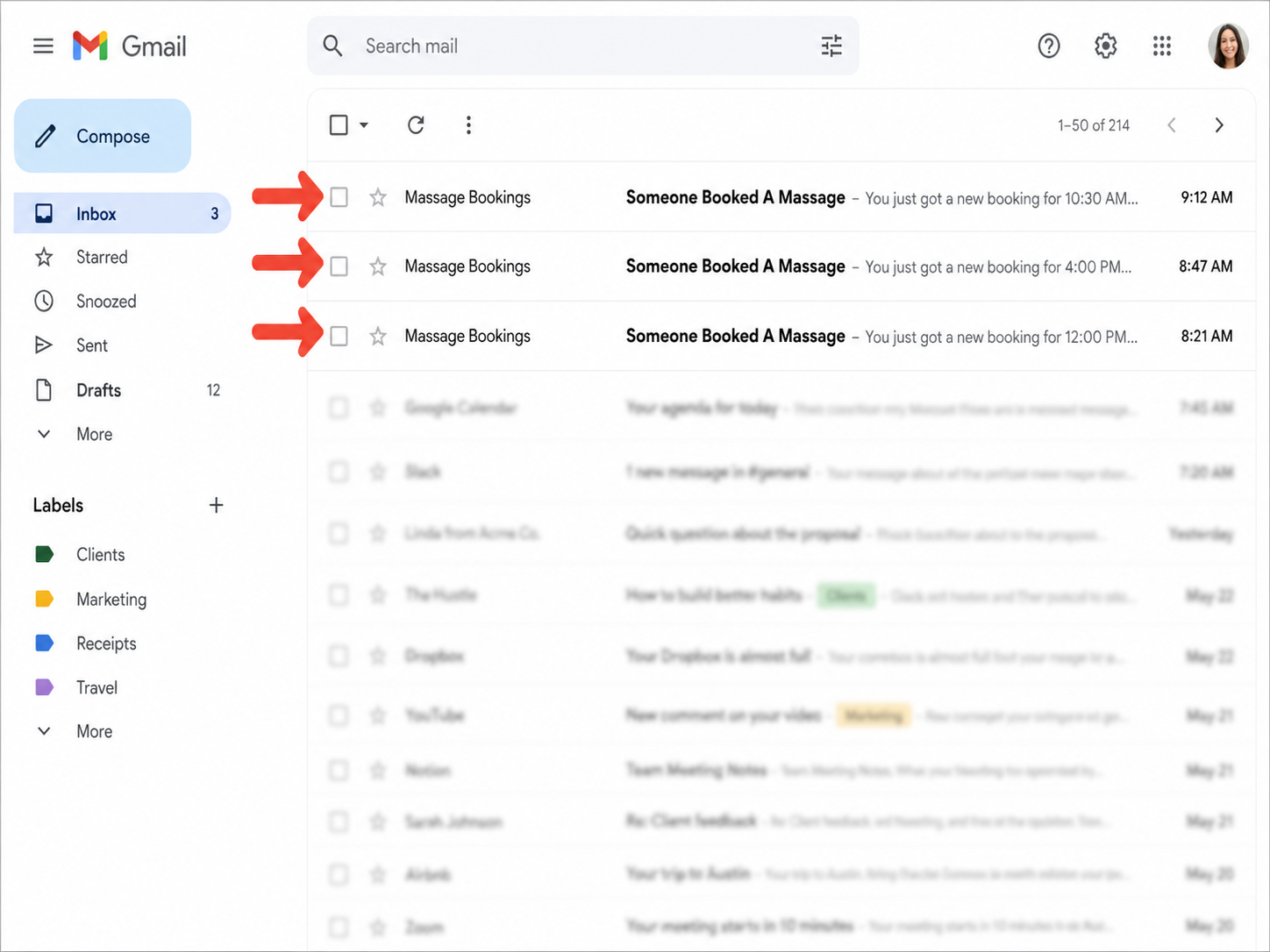 New massage booking confirmation emails arriving in an inbox