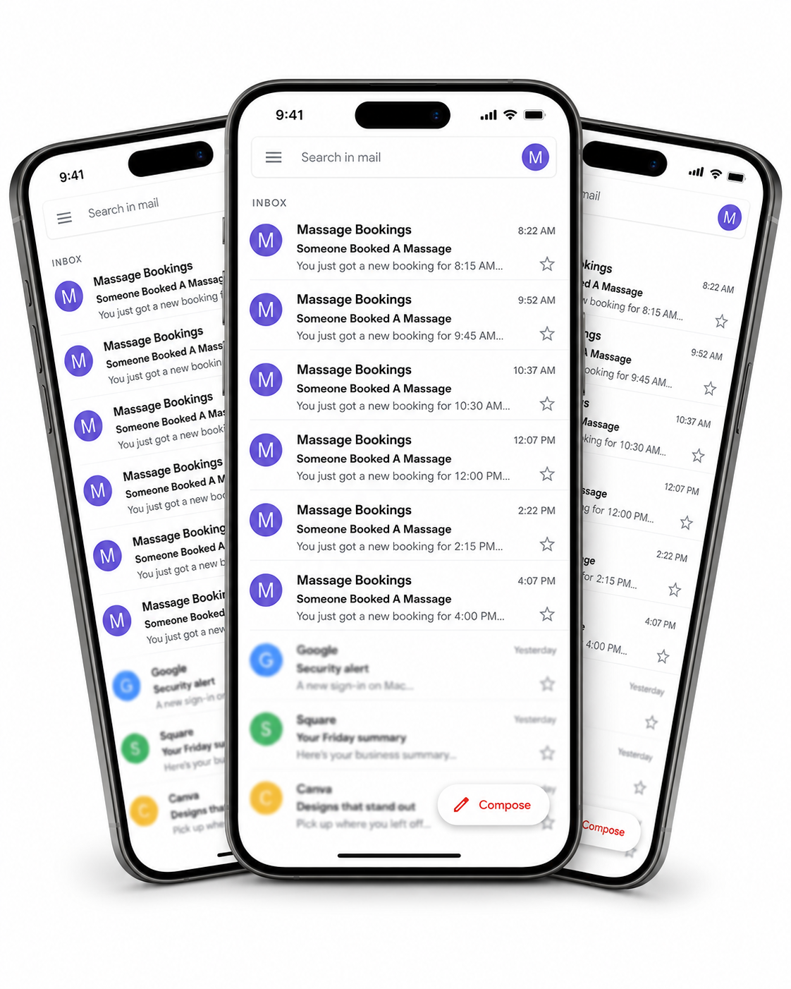 Massage booking notifications shown across three phones